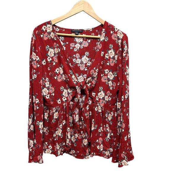 American Eagle Outfitters Red Floral Tie Front Long Sleeve Blouse Size XL - Picture 1 of 4